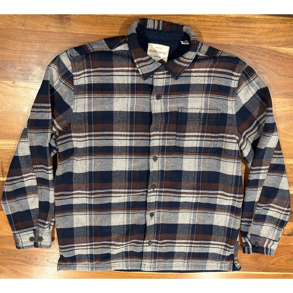 Weatherproof Vintage Men Large Fleece Lined Flannel Shirt Jacket Plaid Navy Blue